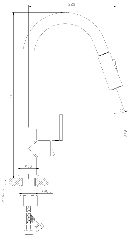 Bateria kuchenna z wyciąganą wylewką – dwa rodzaje strumienia, seria DAPUR, chrom (połysk), kod ABDA7111W1 – kuchnia, rysunek techniczny