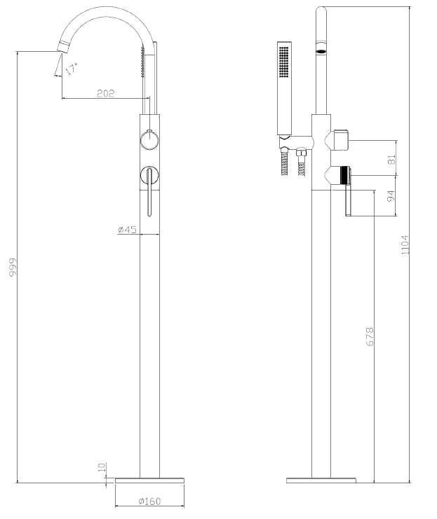 Bateria wannowa wolnostojąca z zestawem natryskowym AVAPAX AUREVO, złoty szczotkowany Brushed Gold, kod ABAU221221 – rysunek techniczny