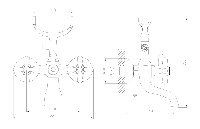 Bateria wannowa ścienna dwuuchwytowa z zestawem natryskowym – ZAHARRA – chrom połysk – ABZA211121 – rysunek techniczny