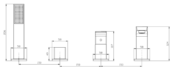 Bateria wannowa 4-otworowa AVAPAX VELLANO Gun Metal mat ABVE241421 – detal techniczny i wymiary