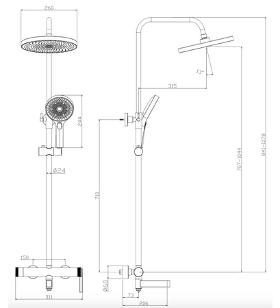 Deszczownica z baterią prysznicowo wannową trzyfunkcyjną
