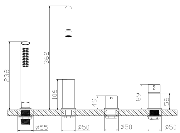 Bateria wannowa 4-otworowa ULTIMATE AVAPAX, złoty szczotkowany Brushed Gold, kod ABUL241221 – rzut techniczny z wymiarami