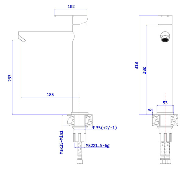 Bateria umywalkowa stojąca wysoka - nablatowa AVAPAX MISTELLA stal szczotkowana ABMI131511 – rzut techniczny i proporcje