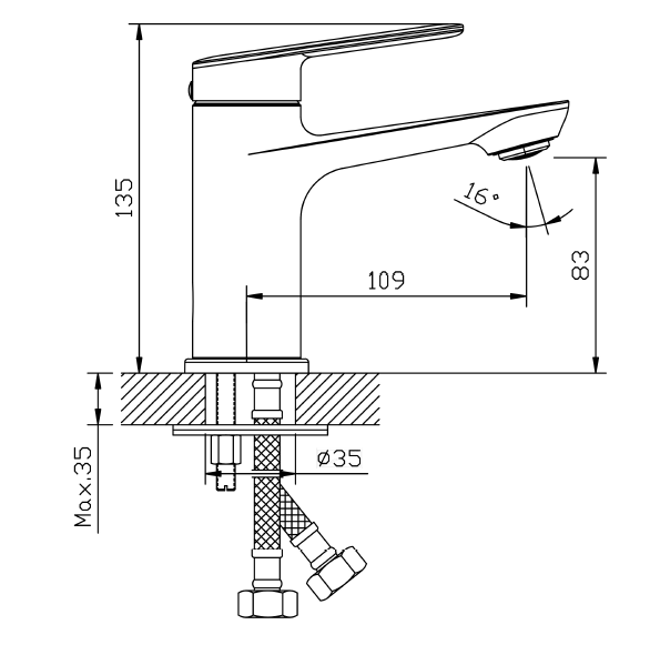 AVAPAX TRIXAN ABTR111111 – bateria umywalkowa stojąca, chrom połysk, rysunek techniczny