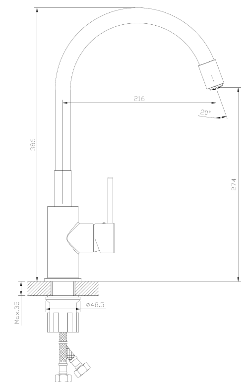 Bateria kuchenna stojąca z elastyczną wylewką AVAPAX LAPUR, chrom połysk + czarna wylewka, kod ABLA7217F2 – rysunek techniczny