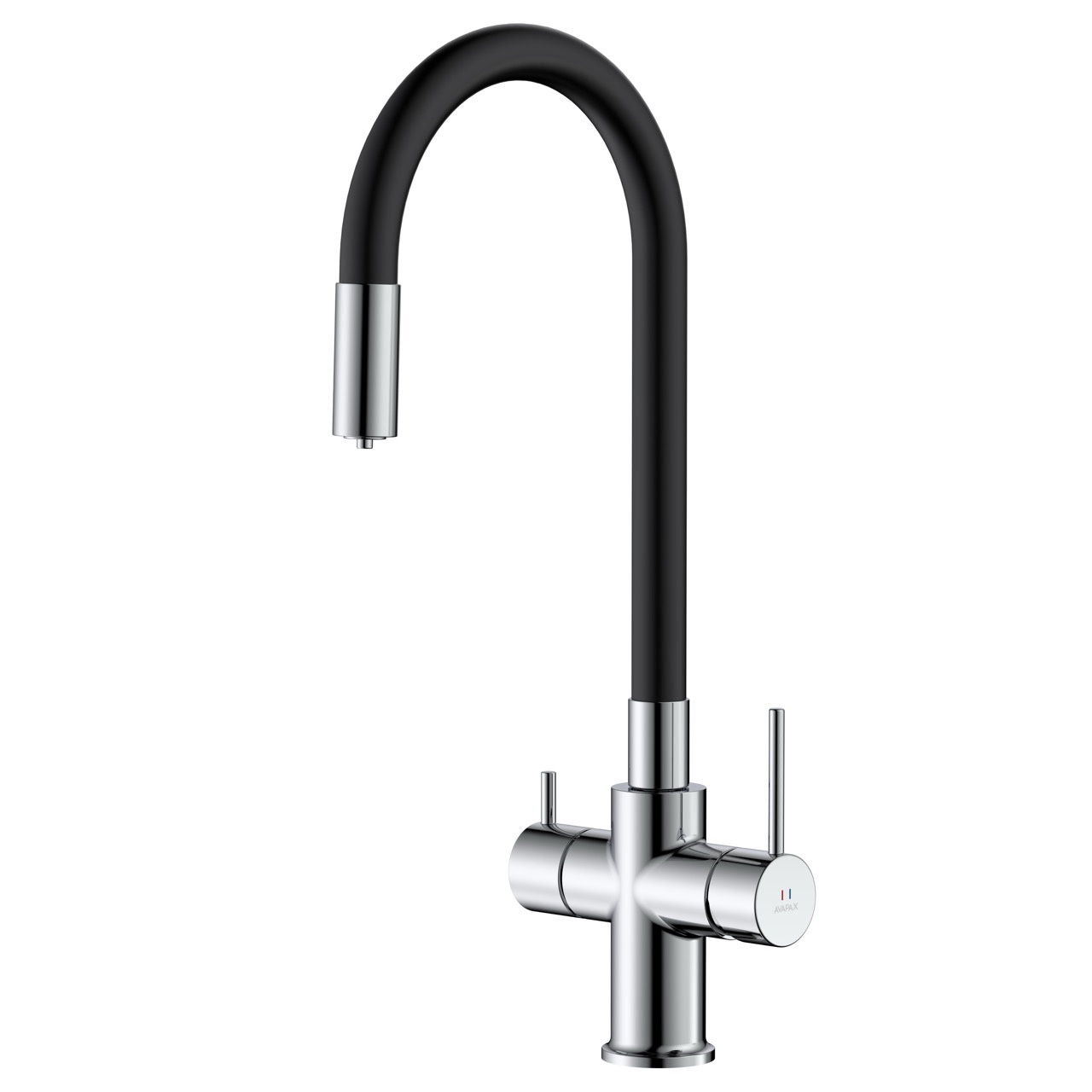 Bateria kuchenna stojąca z elastyczną wylewką i podłączeniem do filtra wody – kolekcja DAPUR AVAPAX – chrom połysk + czarna wylewka – kod ABDA7517F2 – widok frontowy