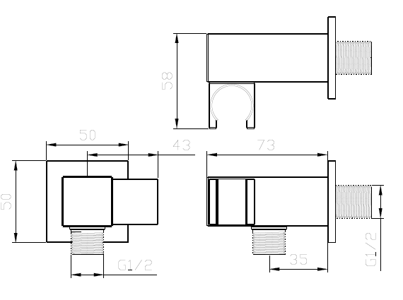 Przyłącze kątowe z uchwytem na słuchawkę boczne CUBE chrom APCU131111 – rzut techniczny, montaż podtynkowy