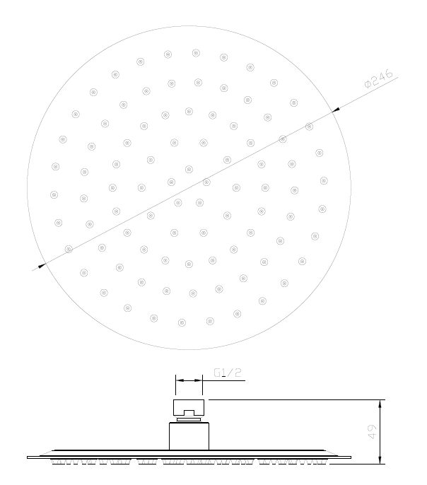 Głowica deszczowni okrągła stal nierdzewna 25 cm – RONDE – Gun Metal mat – kod AGRO221411 – detal i rysunek techniczny
