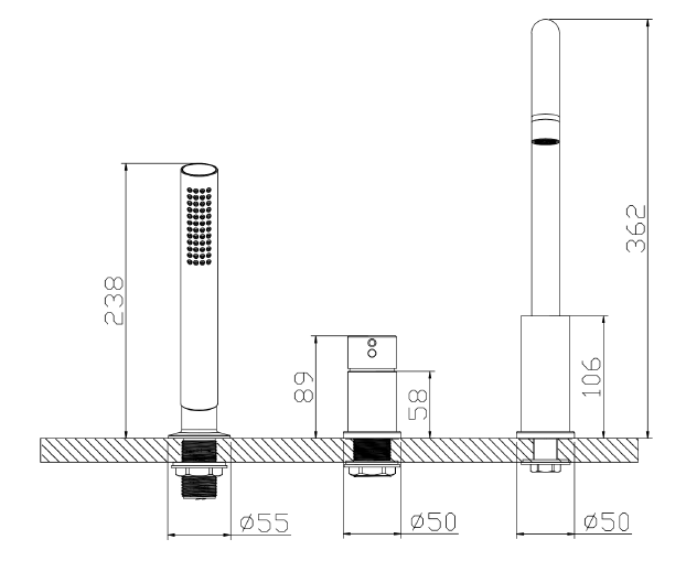 Bateria wannowa 3-otworowa AVAPAX ULTIMATE czarny mat ABUL231321 – rysunek techniczny, wymiary i rozstaw