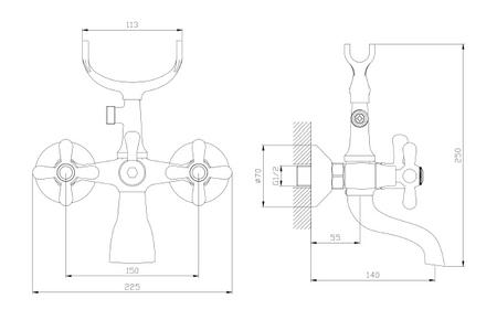 Bateria wannowa ścienna dwuuchwytowa z zestawem natryskowym
