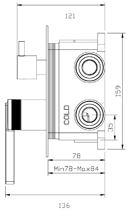 Bateria prysznicowo-wannowa podtynkowa trzyfunkcyjna AVAPAX AUREVO, chrom połysk, kod ABAU5311C1 – rzut techniczny