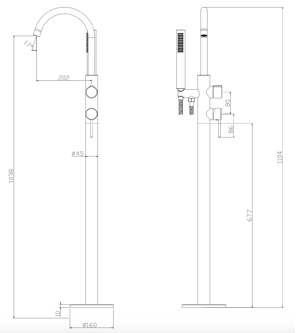 Bateria wannowa wolnostojąca z zestawem natryskowym AVAPAX – kolekcja ULTIMATE, złoty szczotkowany Brushed Gold, kod ABUL221221 – rysunek wymiarowy