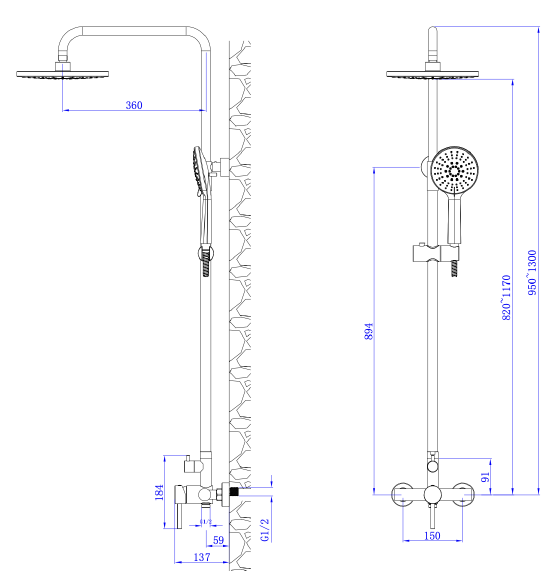 Deszczownica z baterią prysznicową dwufunkcyjną AVAPAX KSENO chrom (ADKS6211C1) – rysunek techniczny, wymiary