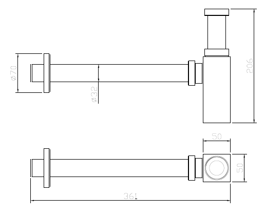 Syfon umywalkowy butelkowy AVAPAX CUBE, czarny mat, kod AFCU111311 – rysunek wymiarowy, stal nierdzewna