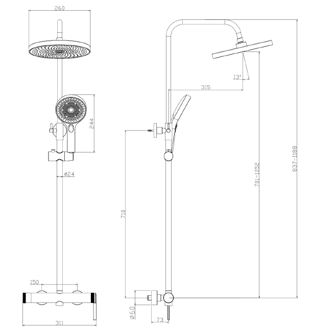 Deszczownica z baterią prysznicową dwufunkcyjną AVAPAX AUREVO chrom połysk ADAU621121 — rysunek techniczny
