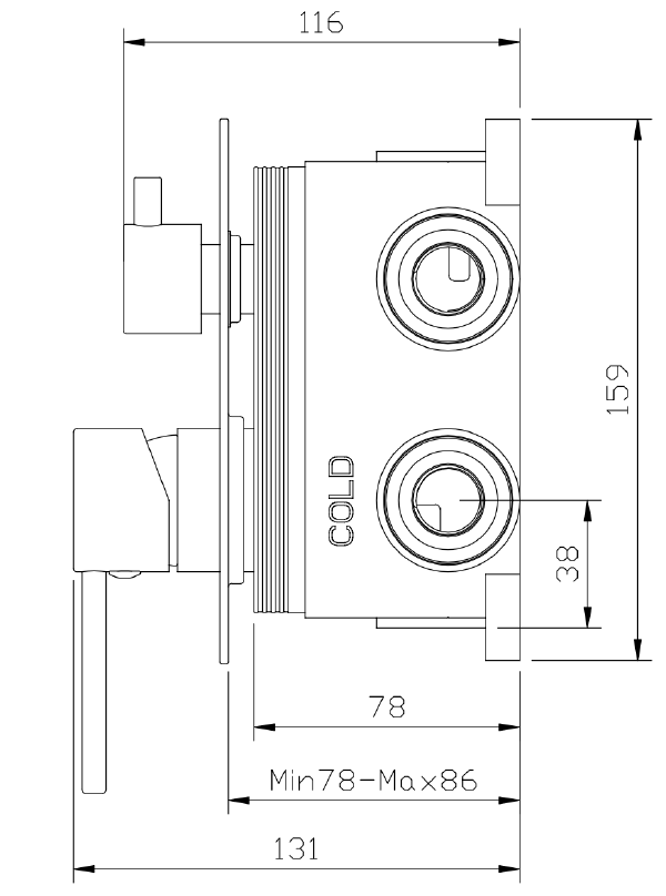Bateria prysznicowo wannowa podtynkowa trzyfunkcyjna – ULTIMATE – chrom połysk – ABUL5311C1 – rysunek techniczny