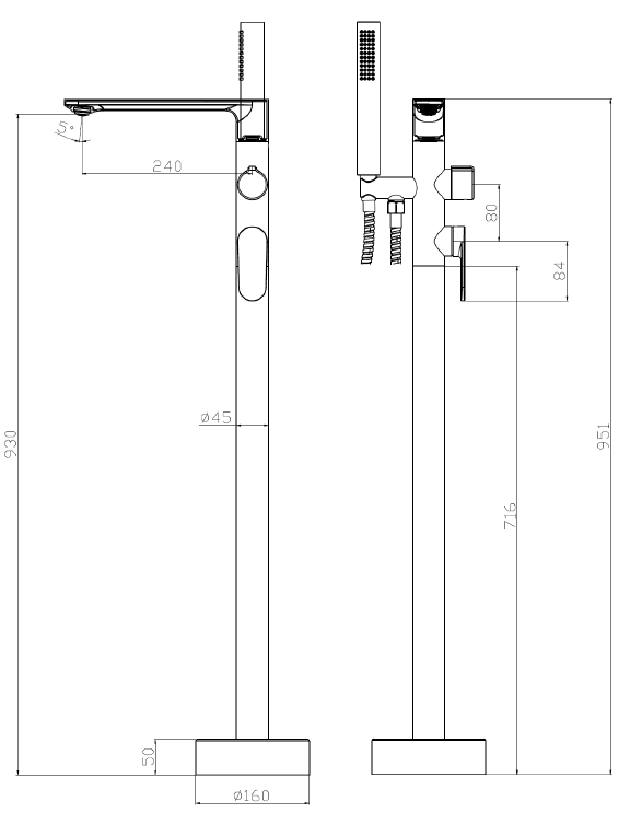 Bateria wannowa wolnostojąca z zestawem natryskowym AVAPAX LUNEPO, czarny mat, kod ABLU221321 – rzut techniczny i proporcje