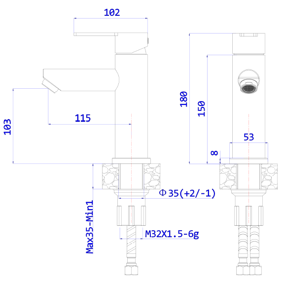 Bateria umywalkowa stojąca AVAPAX MISTELLA, stal nierdzewna szczotkowana, kod ABMI111511 – rysunek techniczny i wymiary