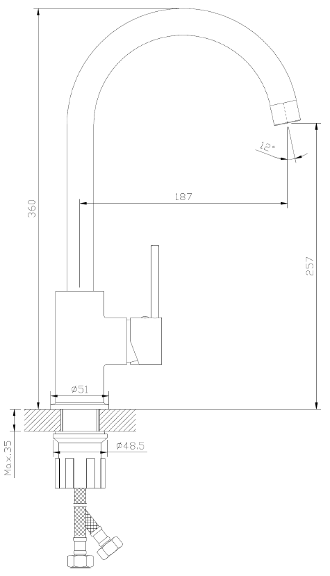 Bateria kuchenna stojąca z wylewką U – LAPUR – chrom połysk – ABLA7111O1 – rzut techniczny, wymiary do montażu