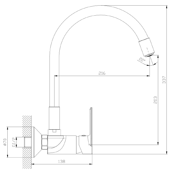 Bateria kuchenna ścienna z elastyczną wylewką – kolekcja ONCLO AVAPAX, chrom – połysk, kod ABON7311F1, rysunek techniczny
