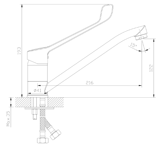 Bateria kuchenna stojąca z dźwignią Medico – kolekcja MEDICAL – chrom połysk – ABME1511M2 – rysunek techniczny