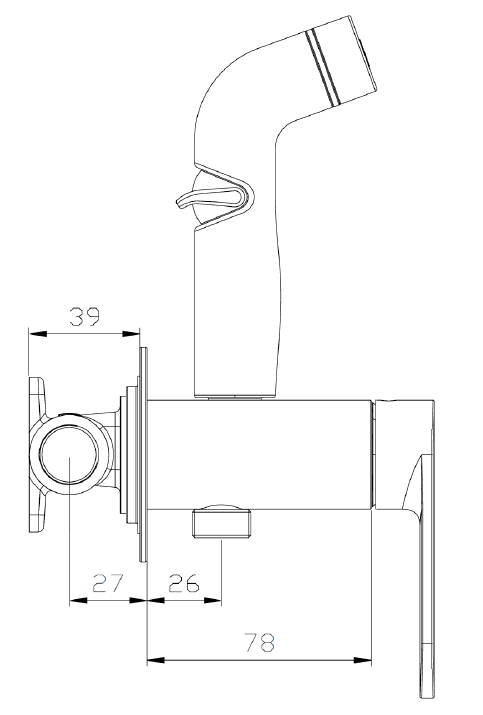 Bateria bidetowa podtynkowa z wężem i słuchawką typu bidetka AVAPAX LUNEPO, czarny mat, kod ABLU4113B1, widok techniczny