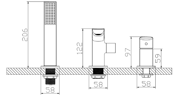 Bateria wannowa 3-otworowa – kolekcja QANIX AVAPAX, chrom połysk, kod ABQA231121 – rysunek techniczny i wymiary