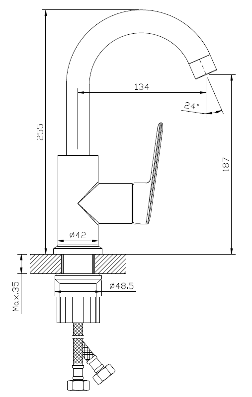 Bateria kuchenna stojąca z wylewką U – kolekcja TRIXAN – chrom połysk – kod ABTR171111 – widok techniczny armatury
