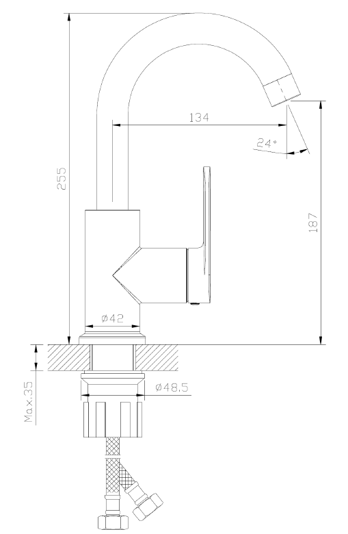 Bateria kuchenna stojąca z wylewką U – LUNEPO – chrom połysk – ABLU171111 – rysunek techniczny