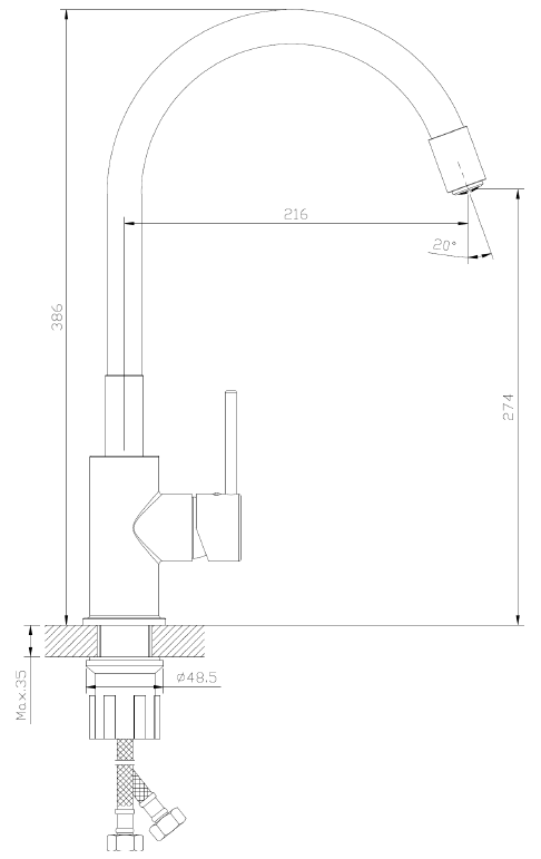 Rysunek techniczny – Bateria kuchenna stojąca z elastyczną wylewką – LAPUR AVAPAX – ABLA7218F1 – wymiary i montaż