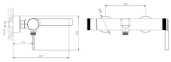 Bateria wannowa ścienna AVAPAX AUREVO – rysunek techniczny, złoty szczotkowany Brushed Gold, kod ABAU211211 – montaż ścienny 150 mm