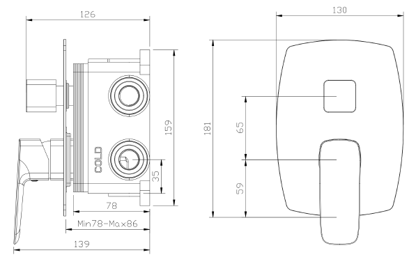 Bateria prysznicowo wannowa podtynkowa trzyfunkcyjna AVAPAX QANIX czarny mat ABQA5313C1 – rysunek techniczny