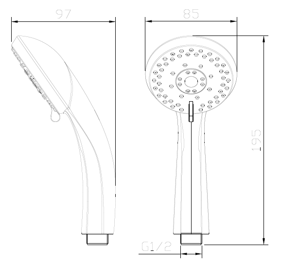 Słuchawka prysznicowa 5F – pięciofunkcyjna WELORA AVAPAX, chrom, kod ASWE151111 – rysunek techniczny