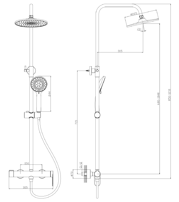 Deszczownica z baterią prysznicową dwufunkcyjną AVAPAX LUNEPO chrom połysk ADLU621121 – rysunek techniczny