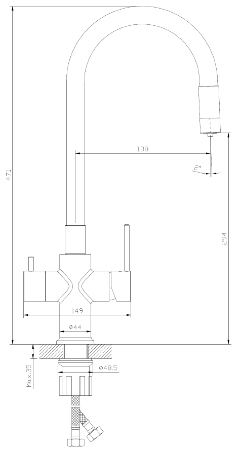 Bateria kuchenna stojąca z elastyczną wylewką i podłączeniem do filtra wody – kolekcja DAPUR AVAPAX – chrom połysk + czarna wylewka – kod ABDA7517F2 – rysunek techniczny