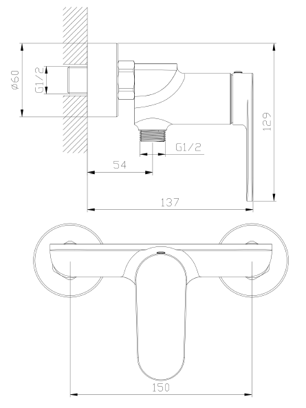 Bateria prysznicowa AVAPAX LUNEPO chrom wysoki połysk, kod ABLU301111 – rzut techniczny i złącza G1/2 do prysznica