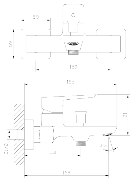 Bateria wannowa ścienna z przełącznikiem natrysku – QANIX – gun metal mat – ABQA211411 – widok techniczny