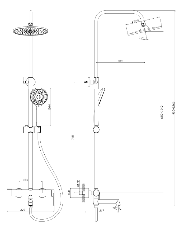 Deszczownica z baterią prysznicowo-wannową trzyfunkcyjną AVAPAX LUNEPO Czarny Mat ADLU6313H1 – rysunek techniczny