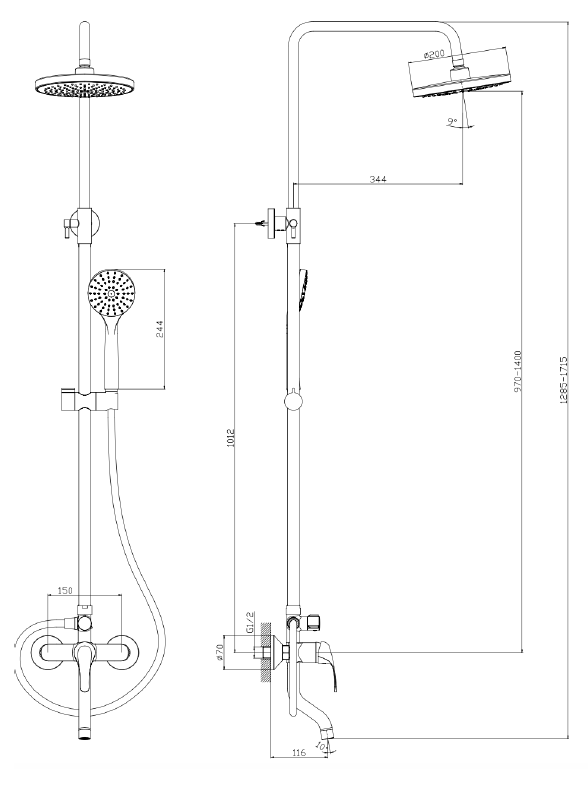 AVAPAX TARO Deszczownica z baterią prysznicowo-wannową trzyfunkcyjną chrom połysk ADTA6311C1 – rysunek techniczny