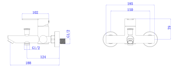 Bateria wannowa ścienna z przełącznikiem natrysku – kolekcja MISTELLA – chrom połysk – ABMI211111 – widok z przodu