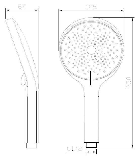 AVAPAX UNLIMITED Słuchawka prysznicowa 3F – rzut techniczny – ASUN131411 Słuchawka prysznicowa 3F - trzyfunkcyjna – kolekcja UNLIMITED – gun metal mat – kod ASUN131411 – rzut techniczny i proporcje