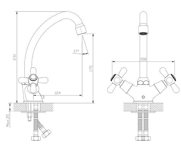 Bateria umywalkowa stojąca dwuuchwytowa AVAPAX ZAHARRA chrom połysk ABZA111111 – rysunek techniczny i wymiary