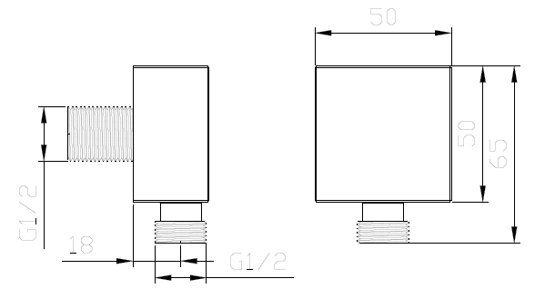 Przyłącze kątowe proste – kolekcja CUBE – chrom połysk – kod APCU111111 – rysunek techniczny 50x50 mm, wys. 65 mm, G1/2