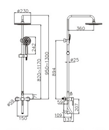 Deszczownica z baterią prysznicowo wannową trzyfunkcyjną