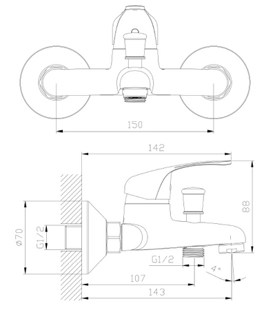 Bateria wannowa ścienna z przełącznikiem natrysku